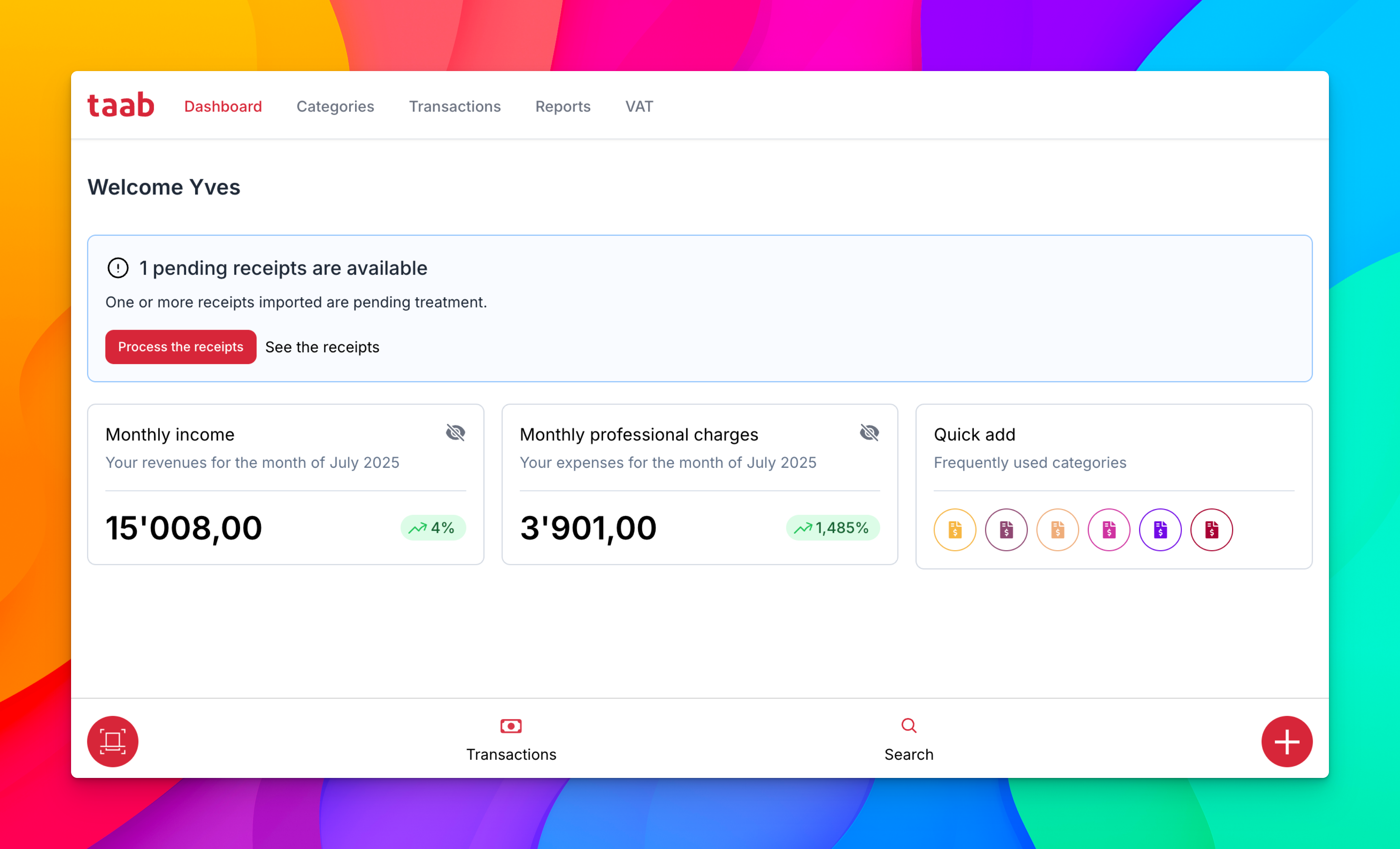 Dashboard de l’application Taab